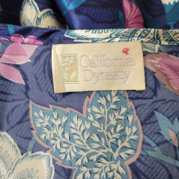 California Dynasty Blue Satin Floral Caftan Loungewear - Picture 4 of 5